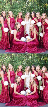 Sleeveless Mermaid Sequin Red Bridesmaid Dresses Round Neck MyChicDress